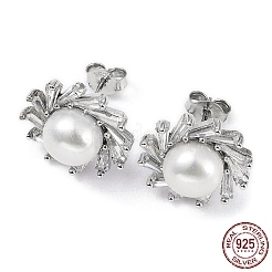 Anti-Tarnish Rhodium Plated 925 Sterling Silver Micro Pave Cubic Zirconia Sun Stud Earrings for Women&nbsp;EJEW-F318-03P