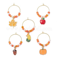 5Pcs 5 Styles Thanksgiving Day Alloy Enamel & Glass Seed Leaf Pumpkin Apple Wine Glass Decorations&nbsp;HJEW-JM04315