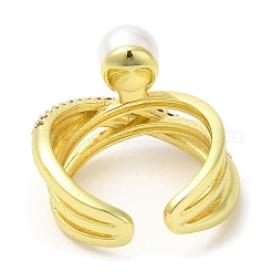 Cubic Zirconia Criss Cross Open Cuff Ring with Plastic Pearl Beaded&nbsp;RJEW-K247-04G