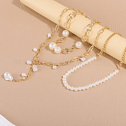 Aluminum & Plastic Pearl 3 Layer Nuggets Tassel Necklaces for Women&nbsp;WG0B97E-01