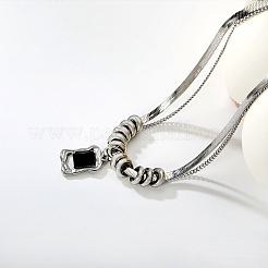 Natural Black Agate(Dyed & Heated) 304 Stainless Steel Rectangle Pendant Necklaces for Women&nbsp;WG07BA4-01