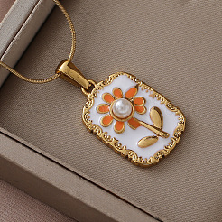 316 Surgical Stainless Steel Enamel with Imitation Pearl Rectangle with Flower Pendant Necklaces for Women&nbsp;ST9494