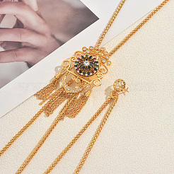 Vintage Gothic Style Brass Pave Cubic Zirconia Flower Long Tassel Lariat Necklace Brooch for Women&nbsp;GO0016-3