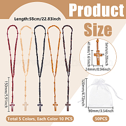 50Pcs 5 Colors Jesus Cross Pinewood Pendant Polyester Cord Rosary Bead Necklaces for Men Women&nbsp;NJEW-WA0001-04