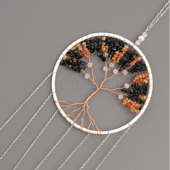 Brass Wire Wrapped Natural Black Agate Chips Tree of Life Pendant Decorations&nbsp;HJEW-D302-02