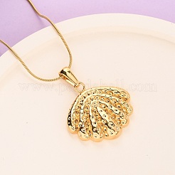 304 Stainless Steel Textured Shell Shape Pendant Snake Chain Necklaces for Women&nbsp;NJEW-F354-10G