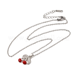 Brass Micro Pave Clear Cubic Zirconia Enamel Red Cherry Pendant 304 Stainless Steel Cable Chain Necklaces for Women&nbsp;NJEW-H092-04P