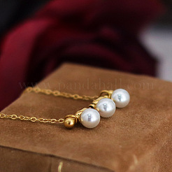 Three Round Glass Pearl Horizontal Bar Pendant 304 Stainless Steel Cable Chain Necklaces for Women&nbsp;WG28E74-01