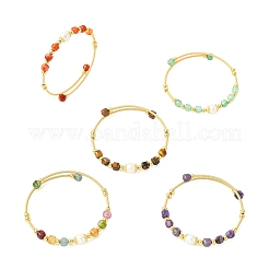 Natural Gemstone & Freshwater Pearl Beaded Copper French Wired Cuff Bangles for Women&nbsp;BJEW-JB13987