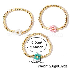 3Pcs 3 Colors Glass Flower Brass Round Beaded Stretch Bracelet Sets&nbsp;FH6392
