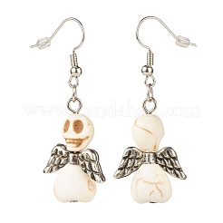 Synthetic Turquoise Skull with Wings Dangle Earrings&nbsp;EJEW-JE04944-02