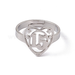 Non-Tarnish 201 Stainless Steel Heart with Number 15 Adjustable Ring for Women&nbsp;RJEW-C045-12P