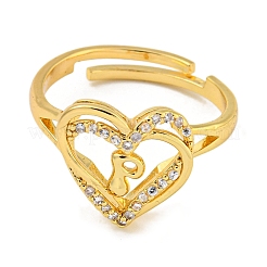 Heart with Letter Rack Plating Brass Micro Pave Clear Cubic Zirconia Adjustable Rings for Women&nbsp;RJEW-I105-01G-P