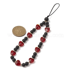 Round Natural Lava Rock & Heart Glass Beaded Mobile Straps&nbsp;HJEW-TA00027