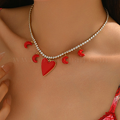 Elegant Brass Pave Clear Cubic Zirconia Tennis Chain Heart Moon Pendant Bib Necklaces for Women&nbsp;GA9034