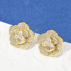 Flower Brass Micro Pave Clear Cubic Zirconia Stud Earrings&nbsp;EJEW-M082-19G