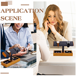 T-Shaped Bar Wood with Velvet Watch Organizer Display Stands with Rectangle Trays for Rings&nbsp;ODIS-PH0009-16A