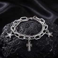 201 Stainless Steel Religion Cross and Star Charm 2-strand Bracelets for Men Women&nbsp;WGB8510-01