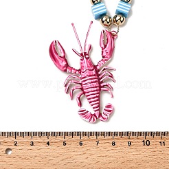 Plastic Pink Lobster Pendant Striped Square Beaded Necklaces with Alloy End Chains&nbsp;NJEW-D336-02G