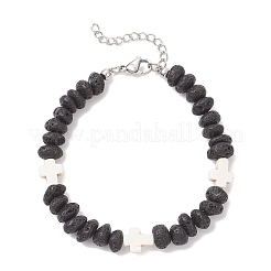 Synthetic Turquoise Cross & Natural Lava Rock Nuggets Beaded Bracelets&nbsp;BJEW-JB12193-01