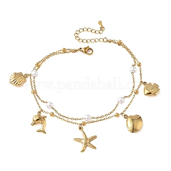 Summer Beach 304 Stainless Steel & Plastic Pearl Charm Double Layer Anklets for Women&nbsp;AJEW-K054-04B-G