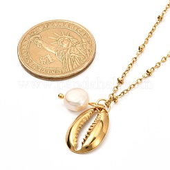 Cowrie Shell & Natural Pearl Pendant Necklace for Teen Girl Women&nbsp;NJEW-JN03717-02