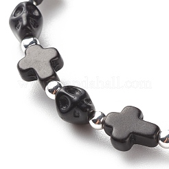 Synthetic Turquoise(Dyed) Cross & Skull Beaded Stretch Bracelet&nbsp;BJEW-JB08451-03