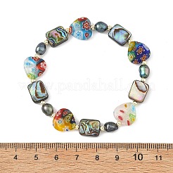 Handmade Millefiori Lampwork Heart & Dyed Rice Natural Pearl & Rectangle Paua Shell Beaded Stretch Bracelets&nbsp;BJEW-JB14296