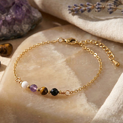 Faceted Round Natural Black Onyx(Dyed & Heated) & Tiger Eye & Amethyst & Shell Beaded Bracelets with Stainless Steel Cable Chains&nbsp;NW1316