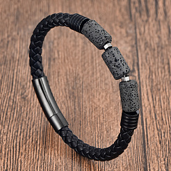 Column Natuarl Lava Rock Braided Imitation Leather Cord Bracelets with Magnetic Clasps for Men&nbsp;WG04C79-01