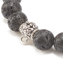 2Pcs 2 Color Natural Lava Rock Round Beaded Stretch Bracelets Set with Alloy Flower&nbsp;BJEW-JB08024