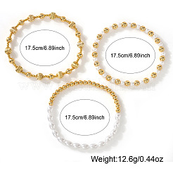 3Pcs 3 Styles Brass & Imitation Pearl Beads Stretch Bracelets&nbsp;WU0011-1