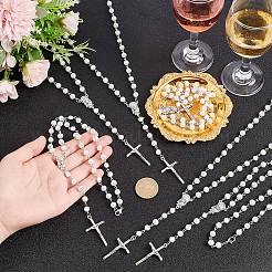 Glass Pearl & Resin Rose Rosary Bead Necklace&nbsp;NJEW-PH01478