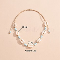 Natural Cowrie Shell & Round Acrylic Beaded Waxed Cord Braided Necklaces for Women&nbsp;FS-WG6249B-01