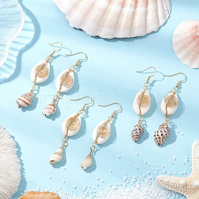 3Pairs Brass & Shell Dangle Earrings&nbsp;EJEW-JE06323-1