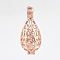 Brass Locket Pendants, Cage Pendants, Hollow, teardrop, Rose Gold, 29.5x12mm, Hole: 6x3mm, Inner Measure: 16x10mm