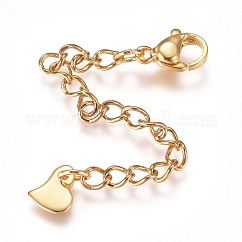 304 Stainless Steel Chain Extender, with Lobster Claw Clasps and Charms, Heart, Golden, 68mm, Link: 4x3x0.4mm, Clasp: 9.2x6.2x3.3mm