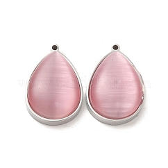 304 Stainless Steel Pendants, with Cat Eye, Teardrop, Pink, 22x14x7.4mm, Hole: 1.4mm