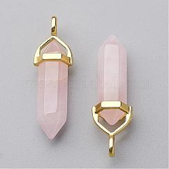 Natural Rose Quartz Double Terminated Pointed Pendants, with Random Alloy Pendant Hexagon Bead Cap Bails, Golden, Bullet, 37~40x12.5x10mm, Hole: 3x4.5mm