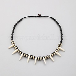 Adjustable Wood Beads Resin Fang Braided Wazed Cord Tribal Necklaces&nbsp;WGF0609-01