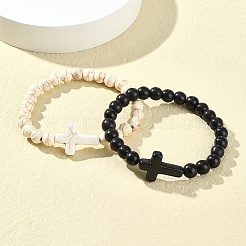 2Pcs 2 Color Dyed Synthetic Turquoise Cross Beaded Stretch Bracelets Set&nbsp;BJEW-YW00002-01