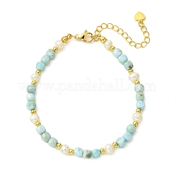 Natural Larimar Faceted Cube and Natural Cultured Freshwater Pearl Beaded Bracelets with Brass Round Beads&nbsp;BJEW-JB14416