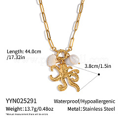 Ocean-themed 304 Stainless Steel Octopus & Electroplated Natural Shell & Imitation Pearl Pendant Necklaces&nbsp;PQ8106