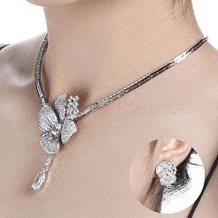 Brass Micro Pave Cubic Zirconia Pendant Necklaces & Stud Earrings Sets&nbsp;FS-WG0F04C-01