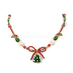 Brass Handmade Lampwork Christmas Tree Pendant Glass Beaded Necklaces&nbsp;NJEW-TA00275