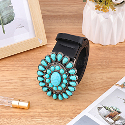 1Pc Black PU Leather Belts with Alloy Acrylic Imitaiton Turquoise Flower Clasps for Women&nbsp;AJEW-CL0001-38