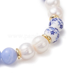 Natural Blue Lace Agate & Cultured Freshwater Pearl & Handmade Porcelain Ceramic Beads Stretch Bracelets for Women&nbsp;BJEW-JB13085