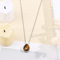 Natural Tiger Eye Teardrop Urn Ashes Pendant Necklace&nbsp;NJEW-CA0003-09B