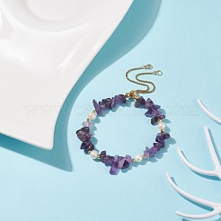 Natural Amethyst Chips & Pearl Beaded Slider Bracelet&nbsp;BJEW-JB08334-04