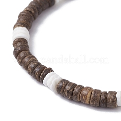 Natural Coconut & White Shell Flat Round Beads Stretch Bracelets for Women&nbsp;BJEW-JB12460-02